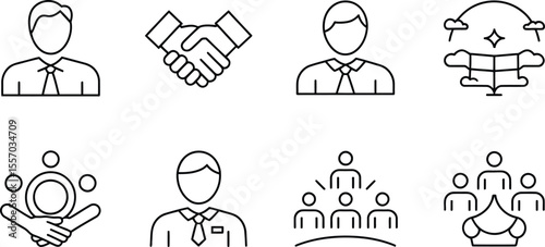 Collection of business and teamwork related line icons in a vector format style