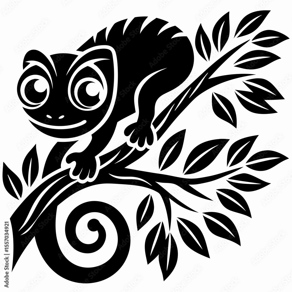 Obraz premium Adorable Chameleon on Branch Cute Reptile Illustration