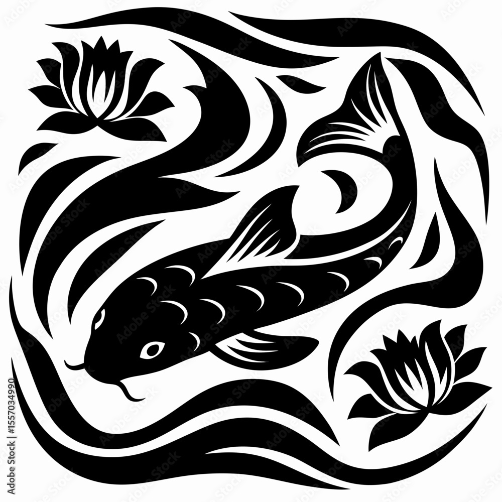 Obraz premium Serene Koi Fish Pond Elegant Black and White Aquatic Illustration