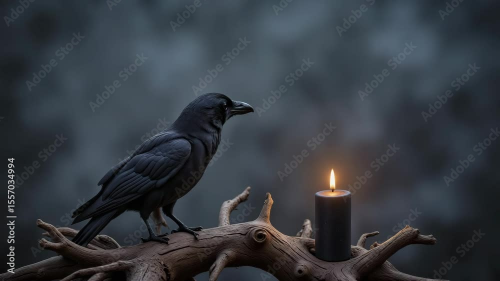 Raven on tree branch with black candle, Halloween symbolism and mystery