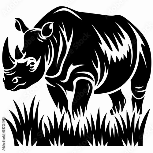 Majestic Rhinoceros in Tall Grass A Striking Black and White Illustration