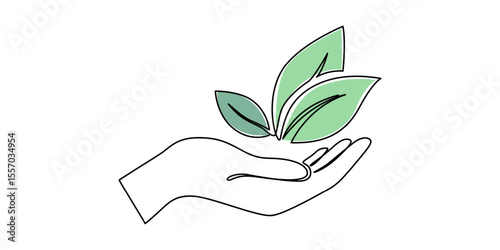 Hand holding plant with leaf continuous one line drawing, Continuous one line drawing of Hands holding growing seedlings. Single line drawing illustration of Hands holding leaf. Go green energy.