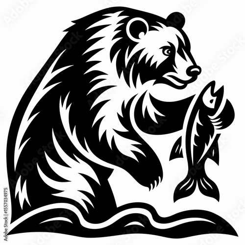 Majestic Grizzly Bear Fishing in a River Striking Black and White Illustration