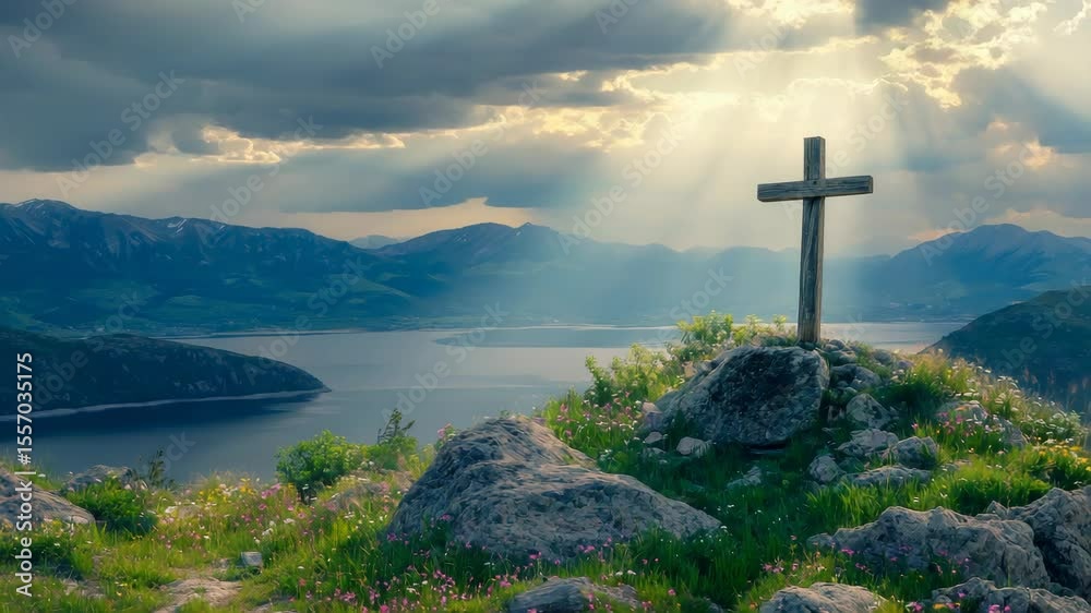 Wooden cross standing on a hill overlooking serene lake and majestic mountains Wooden cross standing on a hill overlooking serene lake and majestic mountains