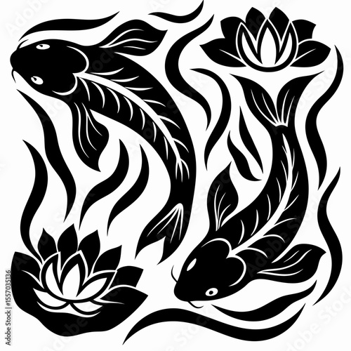 Elegant Koi Fish and Lotus Flower Design Tranquil Aquatic Art