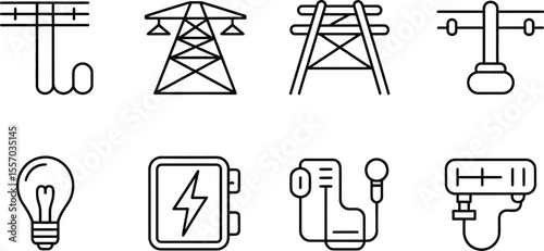 Illustration of electric power transmission towers and electric components icons