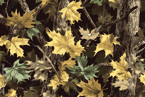 Real tree hunting background. Seamless pattern. Vector camouflage pattern. Forest background. Jungle texture.