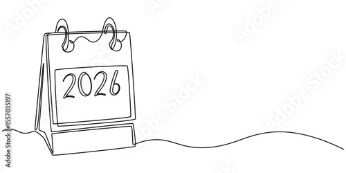 Loose-leaf calendar 2026 continuous one line drawing, Loose-leaf calendar continuous line drawing. One line art of calendar 2026, memorable date, countdown, holiday, weekday and weekend. Hand drawn.