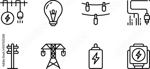 A set of eight black and white line drawing icons related to electricity and energy
