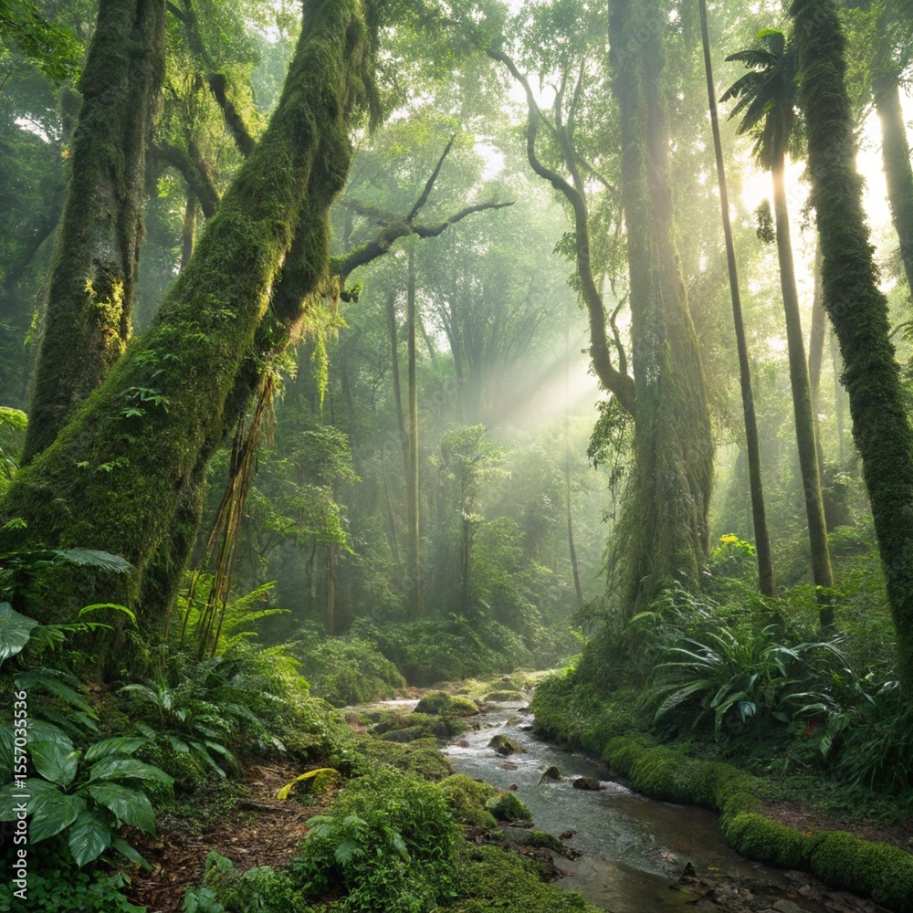 Obraz premium Sunlit Jungle Trail: Rays of sunlight stream through the canopy of a vibrant green jungle, illuminating a winding trail and lush vegetation, creating a serene and awe-inspiring natural scene.