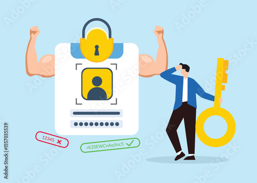 Businessman holds the key to secure user account with strong padlock stock illustration. complex combination of letters and numbers