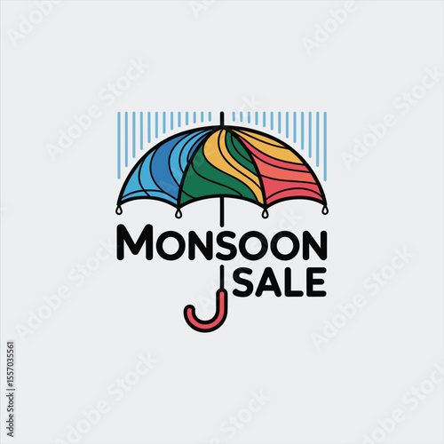 moonsoon sale text  colorful vector illustration of an umbrella providing protection against rain, set against an abstract, vibrant background 