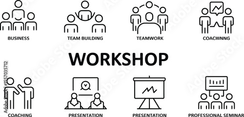 A workshop graphic with business team building and presentation icons on white