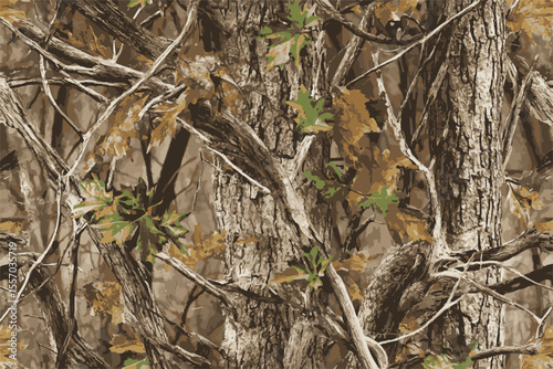 Realistic forest camouflage. Seamless pattern. Conifer tree, branches and leaves. Useable for hunting and military purposes.