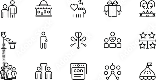 Black and white line art icons depicting people, objects, and abstract concepts