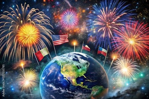 A spectacular fireworks display illuminates the earth, with american, texan, and mexican flags waving proudly