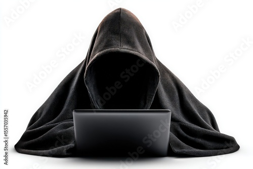 Dark figure cloaked in shadows intensely focused on a laptop creating a sense of mystery and intrigue while exploring themes of cybersecurity and digital anonymity