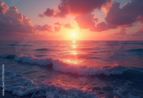vibrant sunrise over tranquil ocean waves serene horizon colorful sky natural beauty seascape, light, reflection, water, clouds, morning, nature, beach