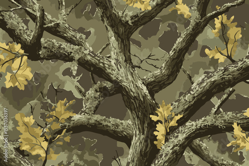  woodland Hunting camouflage with oak tree for hunting and military. Hunting camouflage seamless pattern design.