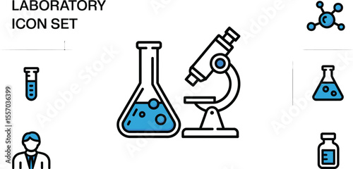 Illustration of laboratory icons including flasks microscope and molecule design