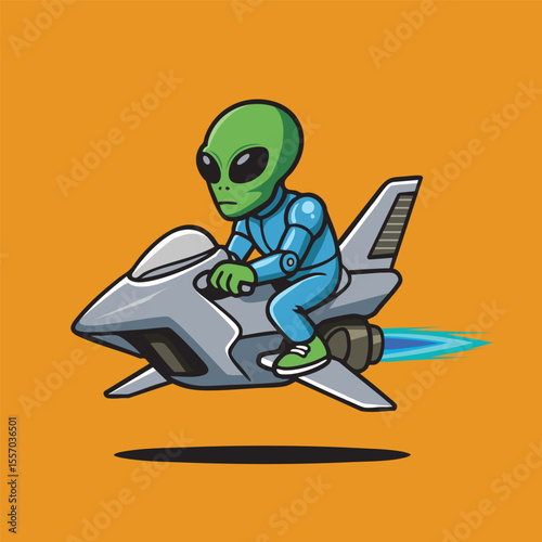 Alien riding spaceship cartoon for sci-fi merchandise