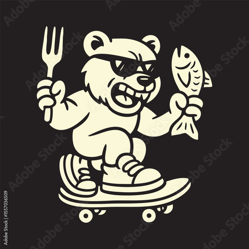 Angry bear skateboarder with fish for bold apparel design