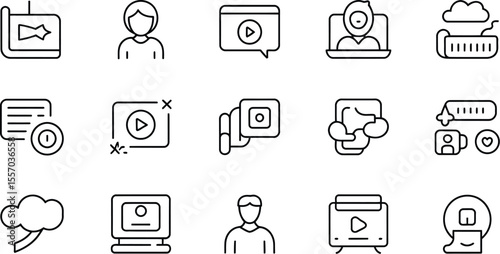 A collection of outline style icons representing various digital media concepts