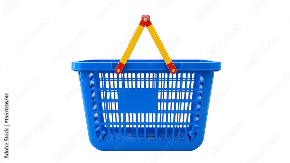 Fototapeta premium Blue plastic shopping basket with yellow and red handle isolated on white background for retail use on transparent background