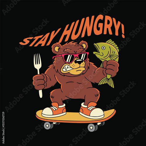 Hungry bear on skateboard illustration for apparel design