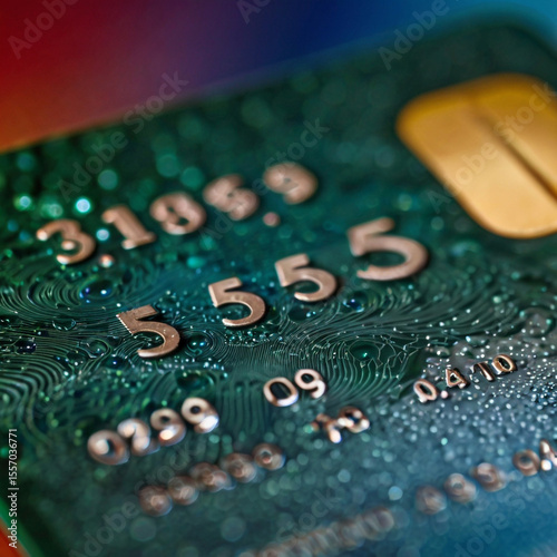 Close up of a green credit card with numbers and circuit patterns
