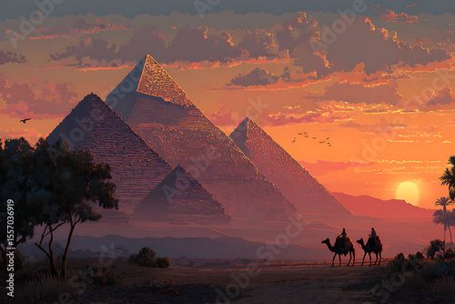 Egyptian pyramids landscape at sunset with camels travel and ancient architecture illustration art