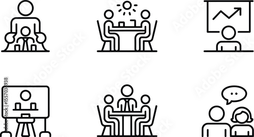 Collection of business meeting icons showing teamwork and presentation scenarios
