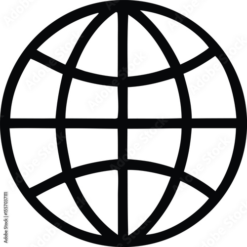 Simple Black and White Globe Icon with Grid Lines Representing Latitude and Longitude Isolated on a White Background Minimalist Design bold black outline