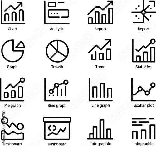 A collection of sixteen different black and white business graph and chart icons