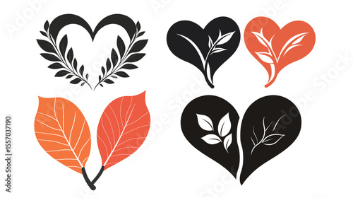 Dual leaf silhouette forming a heart shape – romantic nature-inspired vector design on white background
