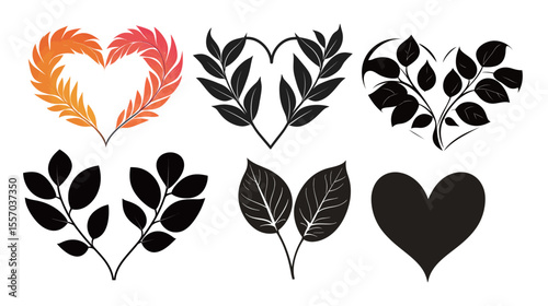 Dual leaf silhouette forming a heart shape – romantic nature-inspired vector design on white background