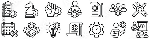 Business Strategy and Process Icon Set – Line Style Vector Symbols Representing Planning, Innovation, Teamwork and Management