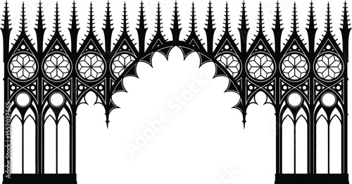 Black and white gothic archway with floral patterns and pointed spires illustration