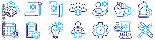 Business Strategy and Teamwork Icons – Dual Color Line Style Vector Set Representing Planning, Innovation, Leadership and Management