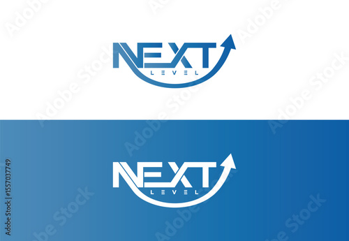 Clean and modern “Next Level” logo in blue with upward arrow curve on light and dark backgrounds, symbolizing success, growth, progress, and business advancement