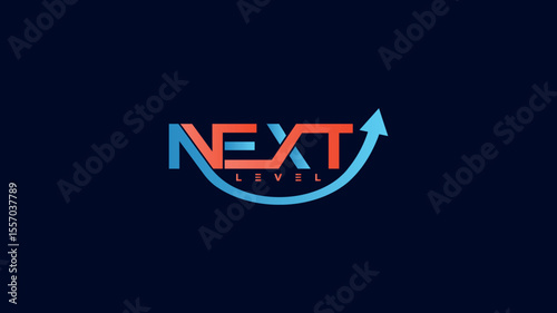 Bold "Next Level" logo design in red and blue with an upward arrow curve on dark background, symbolizing growth, ambition, innovation, and professional success branding