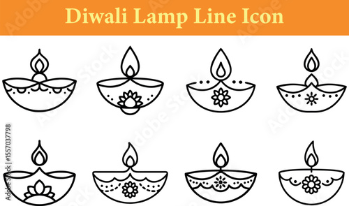 Collection of eight Diwali Diya oil lamps with decorative elements and flames in a simple line art icon isolated on transparent background