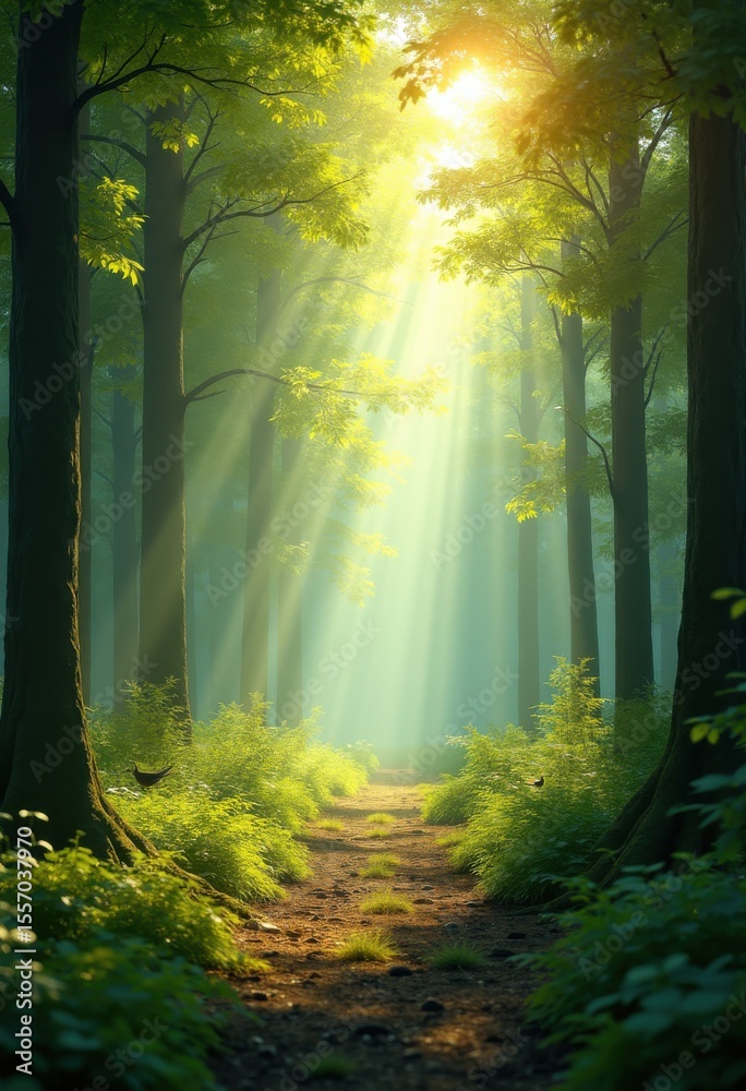 Fototapeta premium vibrant forest landscape sunlit canopy nature serenity greenery, tree, leaf, wood, branch, sunlight, vista, wilderness, flora, meadow, ecosystem, park
