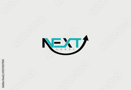 Modern professional "Next Level" logo design with rising arrow symbolizing business growth, success, progress, and achievement. High-quality branding template in black and white versions