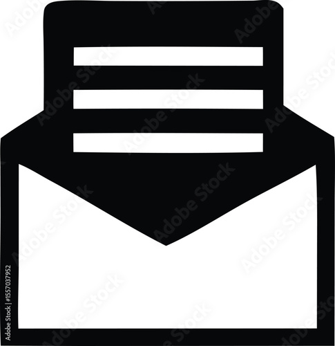 Stylized Black and White Open Envelope Icon with Three Horizontal Lines Representing a Letter Drawn with Thick Uneven Lines and a Hand Drawn Aesthetic