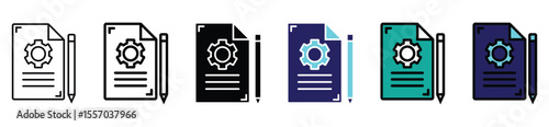 Technical Document and Settings Icon Set – Multicolored Paper and Gear Symbols Representing Policy, Specification, and System Management