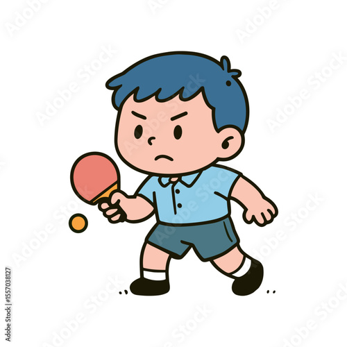 Adorable cartoon illustration of a determined boy engrossed in a game of table tennis, striking the ball with his racket.
