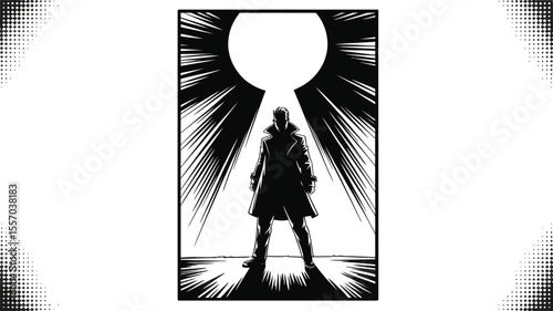 Silhouette of a man in a trench coat standing in front of a bright light source