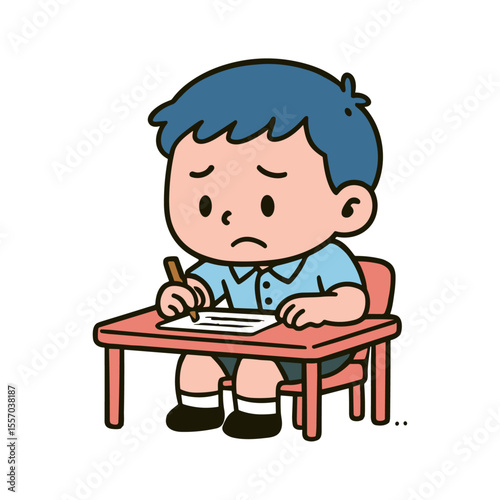 A cartoon illustration of a little boy looking unhappy while taking a test at his school desk