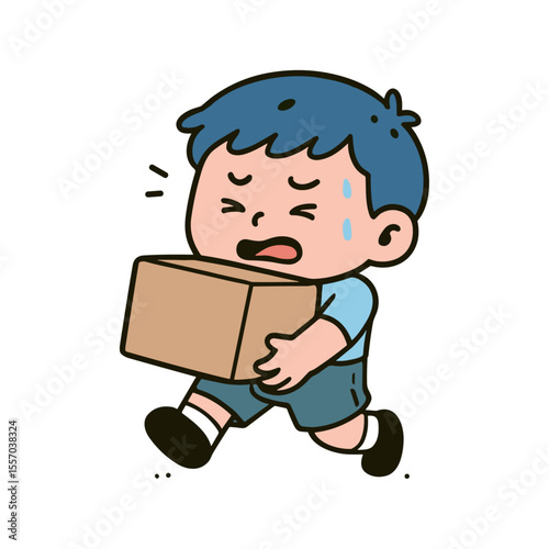 Exhausted cartoon boy strains while lifting a heavy brown cardboard box, sweat dripping from his brow, showing the physical challenge and determination.